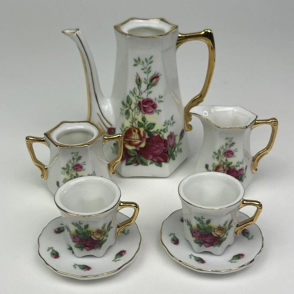 5‎ Piece Porcelain Miniature Tea Coffee Playset Floral Rose Gold Decorative Set